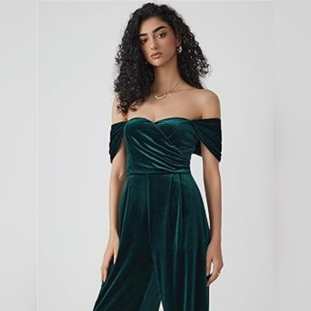 CIDER Women's Velvet Off-shoulder Solid Ruched Jumpsuit Sz L
